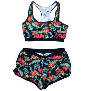 Wenly Zeng Tropical Floral Print Swim Set Sports Bra Style Boy Shorts  Women's S